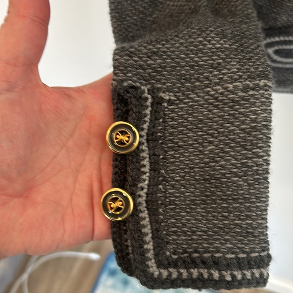 Trina Turk grey merino wool knit sweater with military style button closure. - Picture 5 of 11